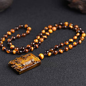 Tiger's Eye Pendant Hand Carved with Bead Chain Lucky Amulet Crystal Necklace